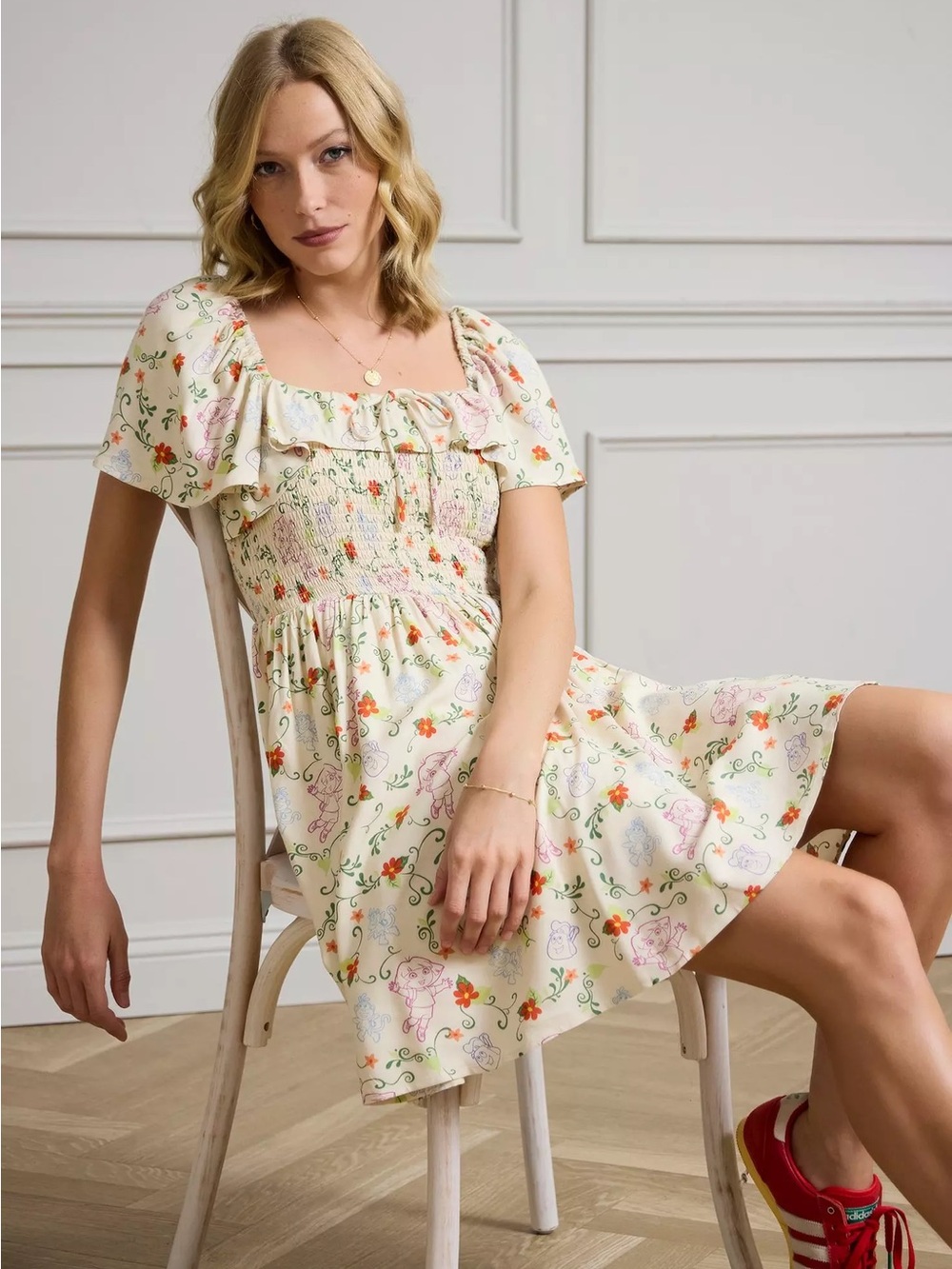 Dora the explorer Smocked Square-Neck Floral Mini Dress - Cream